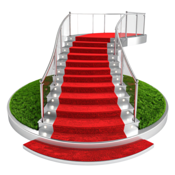 rendido imagem do vermelho acarpetado, iluminado Escadaria com prata trilhos e em torno da vegetação png