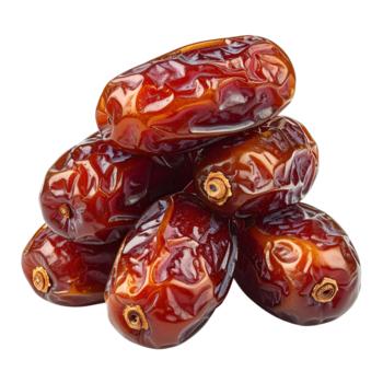 Pile of glossy, wrinkled, brown-red dates with a visible texture against a transparent background png