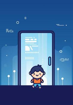 A little boy is standing in front of a door with a computer screen in the background vector