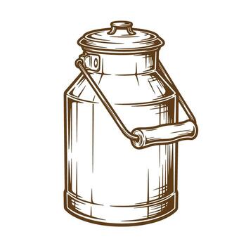 Vintage sketch illustration of a rustic milk can with handle and lid on white background vector