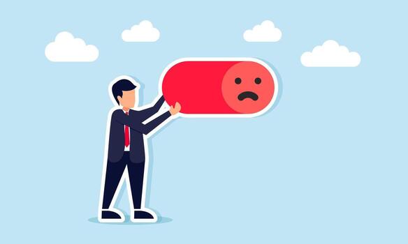 Businessman switching a button shaped like an angry emoticon illustration of negative response to business performance vector