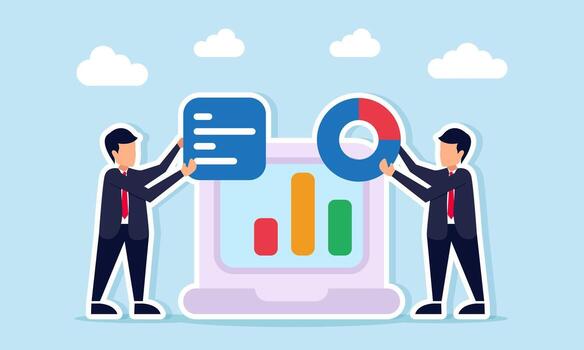 Businessmen holding note board and circle chart near laptop displaying graph illustration of analyzing and organizing business data vector