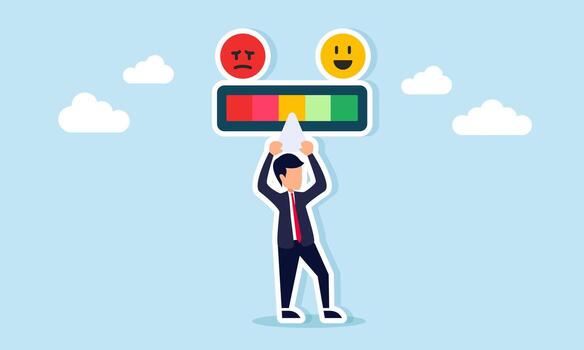 Businessman adjusting level on a meter with happy and angry emoticon icons illustration of customer business review and satisfaction feedback vector
