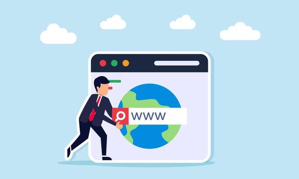 Businessman holding search engine board near app interface with globe illustration of designing SEO optimization to support business performance vector