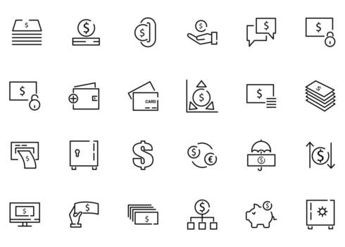 un conjunto de 24 íconos como dinero, insertar moneda, venta máquina vector