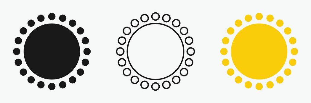 Sun icon set , including shining rays, sunset designs, Three circular designs with small dots encircling the perimeter. vector