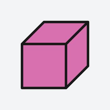 3D cube shape in mathematics, Pink 3D cube with bold black outlines. vector