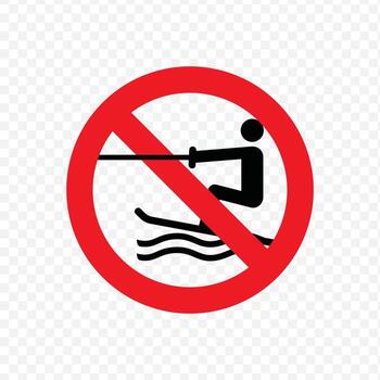 No water skiing or wakeboarding prohibited sign in a red circle with a diagonal slash vector