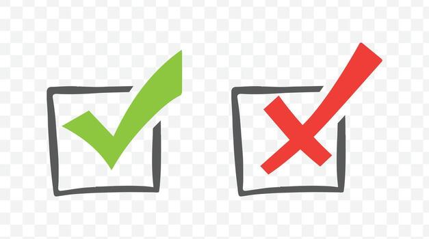 illustration of hand drawn green check mark and red X mark in checkboxes vector
