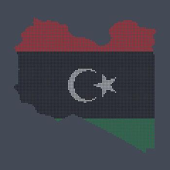 Dotted pixel map of Libya with national flag colors, representing modern digital design vector