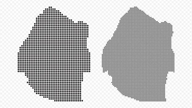 Two Eswatini Swaziland maps filled and outlined with small black dots or pixel pattern on transparent background vector