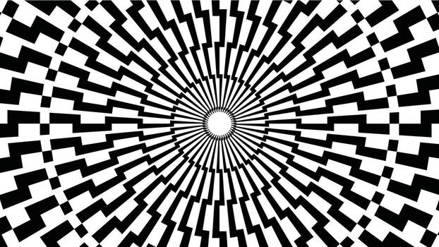 Black and white optical illusion background with radiating, jagged geometric zigzag lines forming a tunnel vector