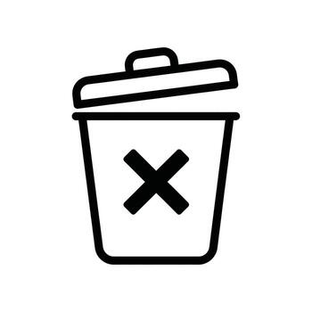 A trash can icon with a lid ajar and a large x symbol on its front, indicating deletion or removal, isolated on a vector