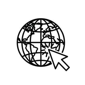 un negro y blanco línea icono representando el Internet o mundo amplio web con un cursor señalando a eso vector