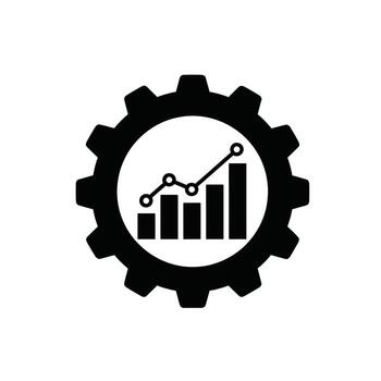 Black and white icon of a gear with a chart and line graph inside, symbolizing business growth and data analysis vector