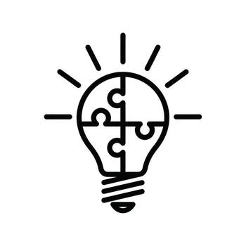 Lightbulb icon composed of puzzle pieces with radiating lines, symbolizing ideas and innovation vector
