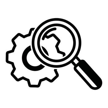 Magnifying glass over a gear icon, symbolizing search, analysis, or troubleshooting of mechanical systems vector
