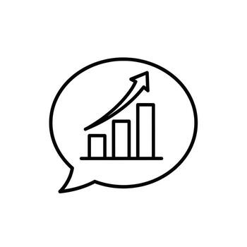 A simple line art icon showing a graph with an upward trending arrow inside a speech bubble vector