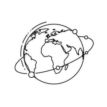 A simple black and white line drawing of planet earth with a network of orbiting points vector