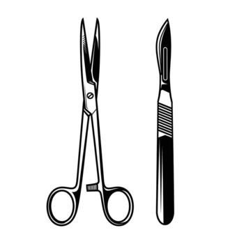 A black and white illustration of surgical scissors and a scalpel, isolated on a, symbolizing medical procedures and precision vector