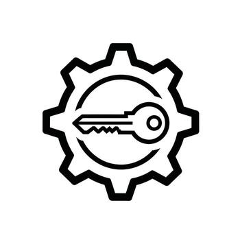 un negro y blanco icono representando un engranaje con un llave adentro, simbolizando acceso o seguridad ajustes vector