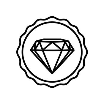 A simple black and white line art drawing of a diamond gem inside a circular border with a scalloped edge vector