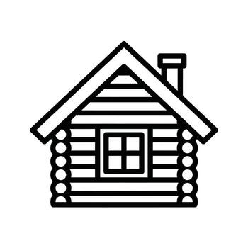 A simple black and white line drawing of a log cabin with a window and chimney vector