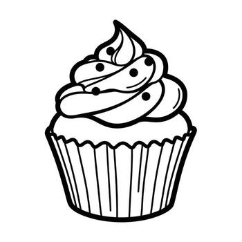 A simple black and white line drawing of a cupcake with swirls of frosting and dots vector