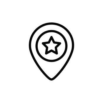A simple black and white outline icon representing a location pin with a star inside vector