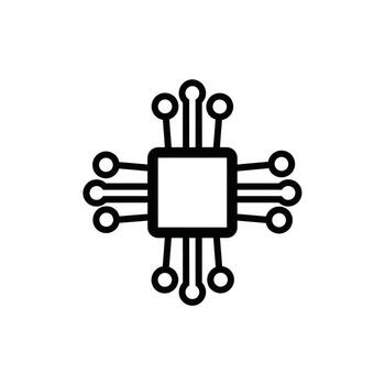 A simple black and white icon representing a microchip or processor with radiating connections vector