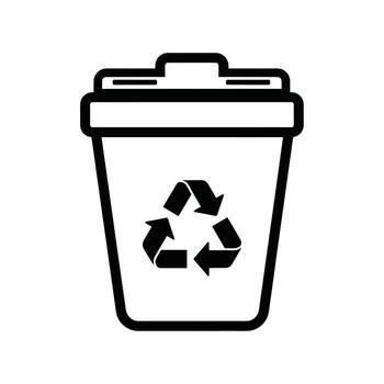 Simple black and white line art icon of a trash can with a recycling symbol on it vector