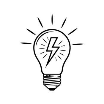 un sencillo negro y blanco línea dibujo de un ligero bulbo con un relámpago tornillo adentro, aislado en un vector
