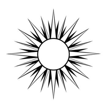 A stylized black and white sunburst graphic with sharp, pointed rays emanating from a central circle vector