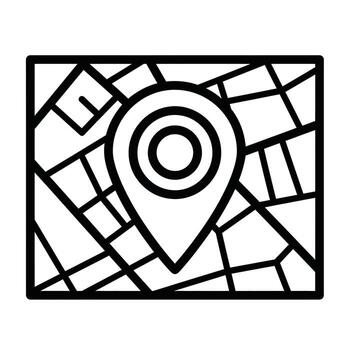 A black and white line art icon representing a map with a prominent location pin marker at its center vector
