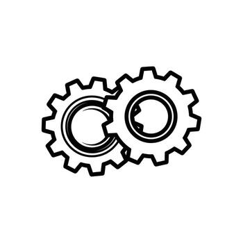 Two interlocking gears in black outline on a, symbolizing teamwork and mechanical connection vector