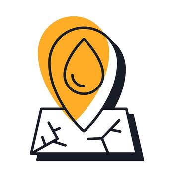 Drought map offset shadow line icon. Location pin with drop on area plan. Monitoring water scarcity increasing. Bold outline symbol with solid orange fill. Modern flat illustration. Editable stroke vector
