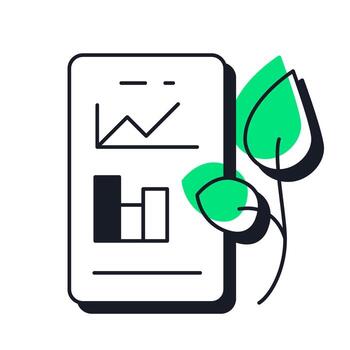 Garden monitoring app offset shadow line icon. Smartphone screen with charts and fresh leaves. Smart farming. Bold outline symbol with solid green fill. Modern flat illustration. Editable stroke vector