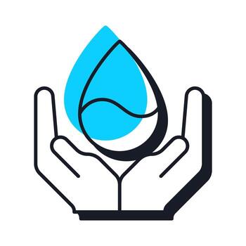Protect water resources offset shadow line icon. Clear drop on hands. Importance of freshwater security improvement. Bold outline symbol with solid blue fill. Modern flat illustration. Editable stroke vector