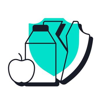 Food insecurity offset shadow line icon. Apple and drink bottle with broken shield. Lack of products. Bold outline symbol with solid green fill. Modern flat illustration. Editable stroke vector