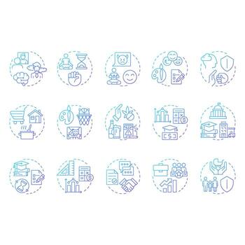Core life skills blue gradient concept icons. Basic competencies to deal with daily tasks. Self management. Icon pack. Round shape illustrations for presentation. Abstract idea vector
