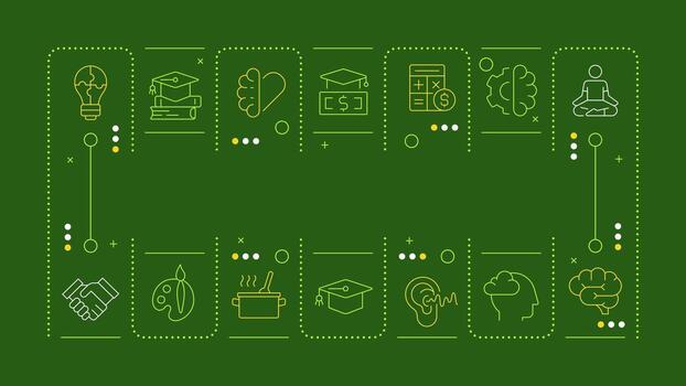 Life skills green word concept. Complex of routine competencies. Self management strategy. Horizontal image. Headline text surrounded by editable outline icons vector