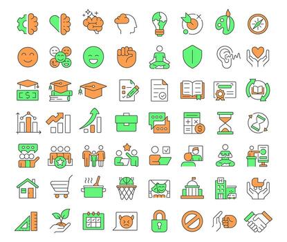 Life skills line color icons set. Managing daily challenges effectively. Personal competencies. Self development. illustrations. Simple flat colorful symbols collection. Editable stroke vector