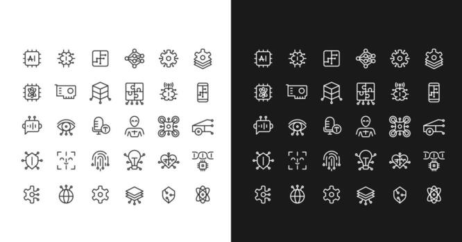 Modern technology line ui icons set for light and dark mode. Voice recognition, chatbot. Science, production. outline symbols iconography. User interface elements linear, pixel perfect vector
