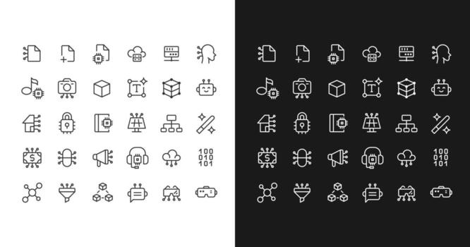 Software development line ui icons set for light and dark mode. Ai technology. Production automation. outline symbols iconography. User interface elements linear, pixel perfect vector