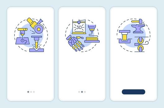 Types of manufacturing methods onboarding mobile app screen. Metallurgy. Walkthrough 3 steps editable graphic instructions with linear concepts. UI, UX, GUI vector