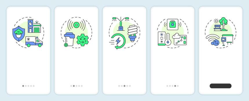 Smart city infrastructure and services onboarding mobile app screen. Walkthrough 5 steps editable graphic instructions with linear concepts. UI, UX, GUI vector