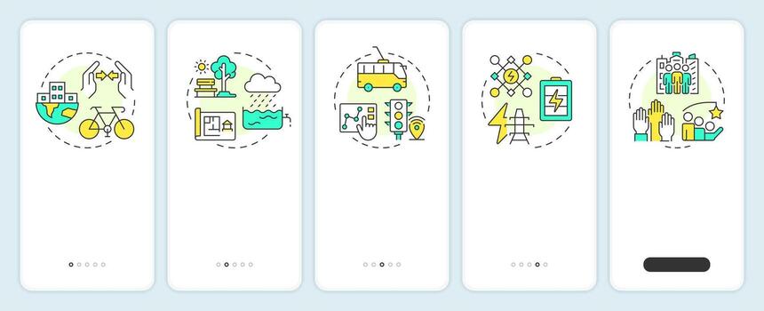 Sustainable urban development onboarding mobile app screen. City of future. Walkthrough 5 steps editable graphic instructions with linear concepts. UI, UX, GUI vector