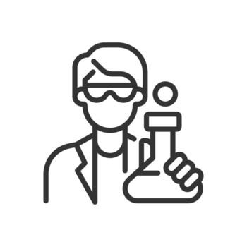 Scientist pixel perfect line icon. Man chemist holding flask of liquid. Specialist conducting lab testing. Isolated illustration. Outline symbol. Simple linear drawing. Editable stroke vector