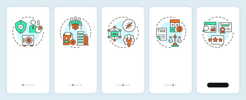 Benefits of LLC onboarding mobile app screen. Limited liability company. Walkthrough 5 steps editable graphic instructions with linear concepts. UI, UX, GUI vector