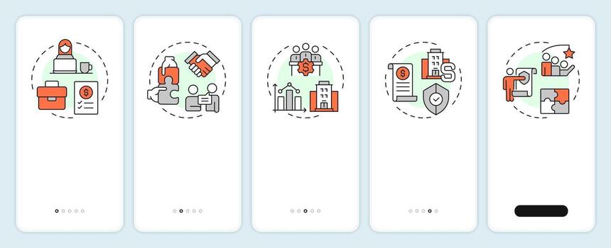 Business structures onboarding mobile app screen. Commercial development. Walkthrough 5 steps editable graphic instructions with linear concepts. UI, UX, GUI vector